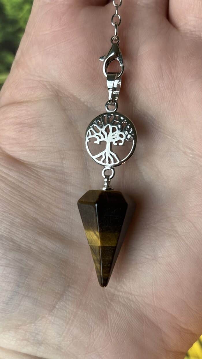 🌳 Baum des Lebens Pendel aus Tigerauge – Edelstahlkegel – Bild 1